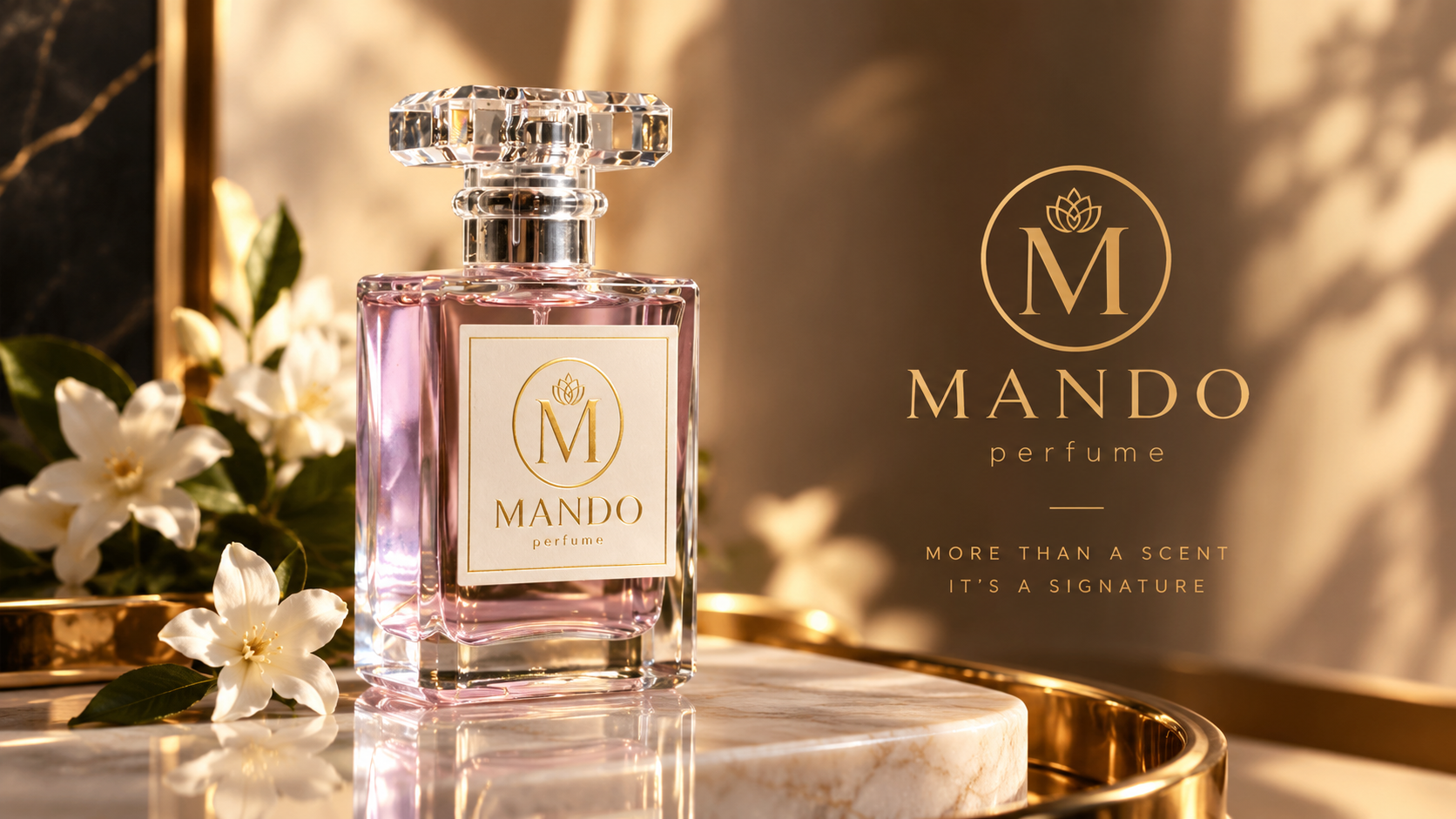 MANDO Perfume signature bottle on marble with white jasmine flowers