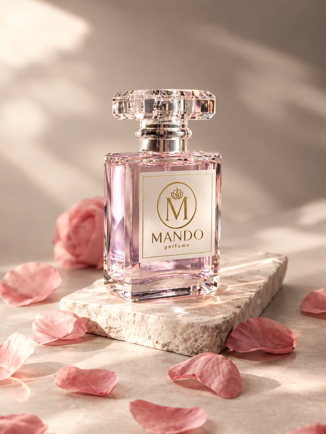 MANDO Perfume bottle with rose petals in soft warm light